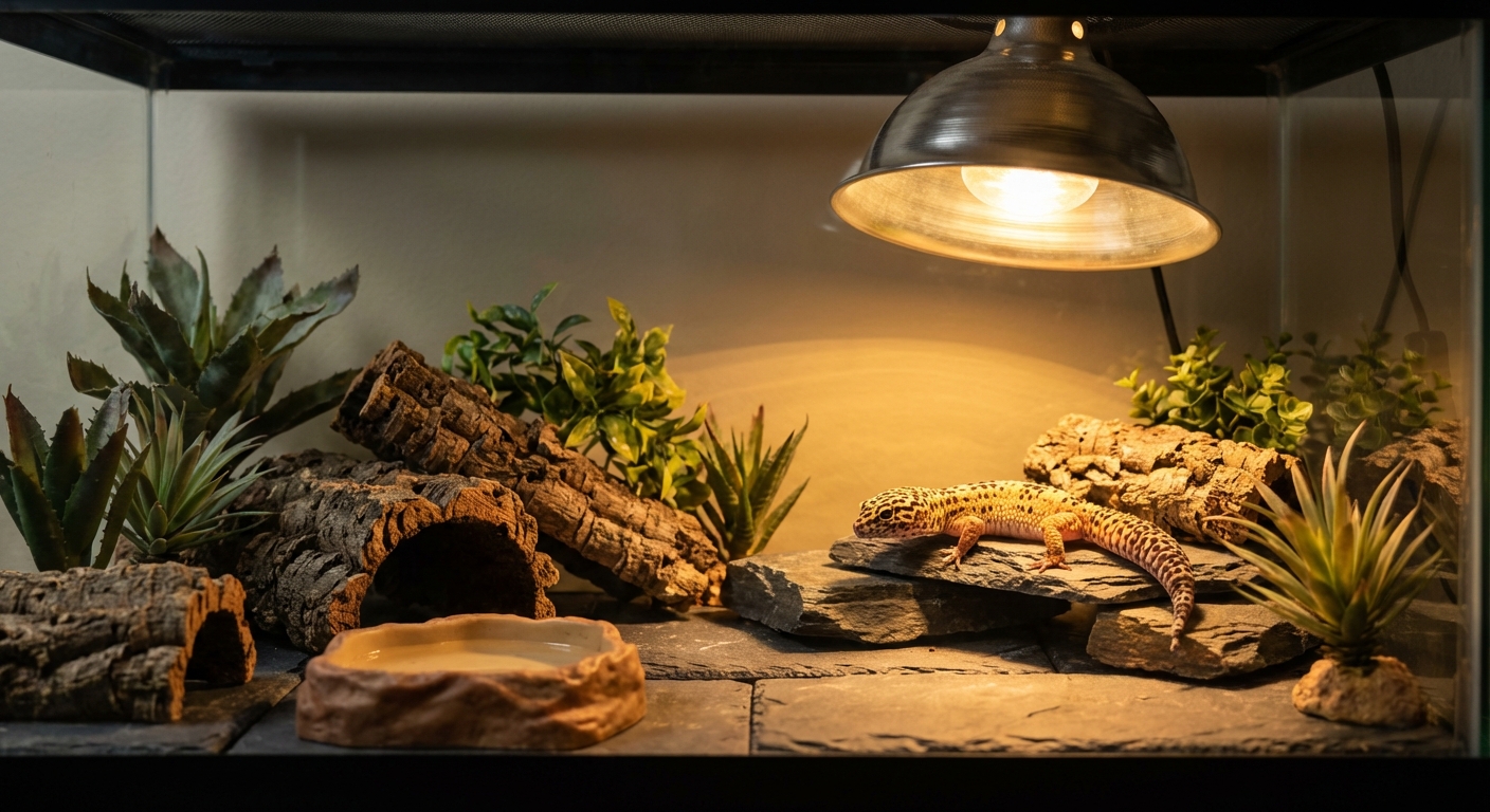 Well-designed leopard gecko terrarium with proper heating, hides, and substrate
